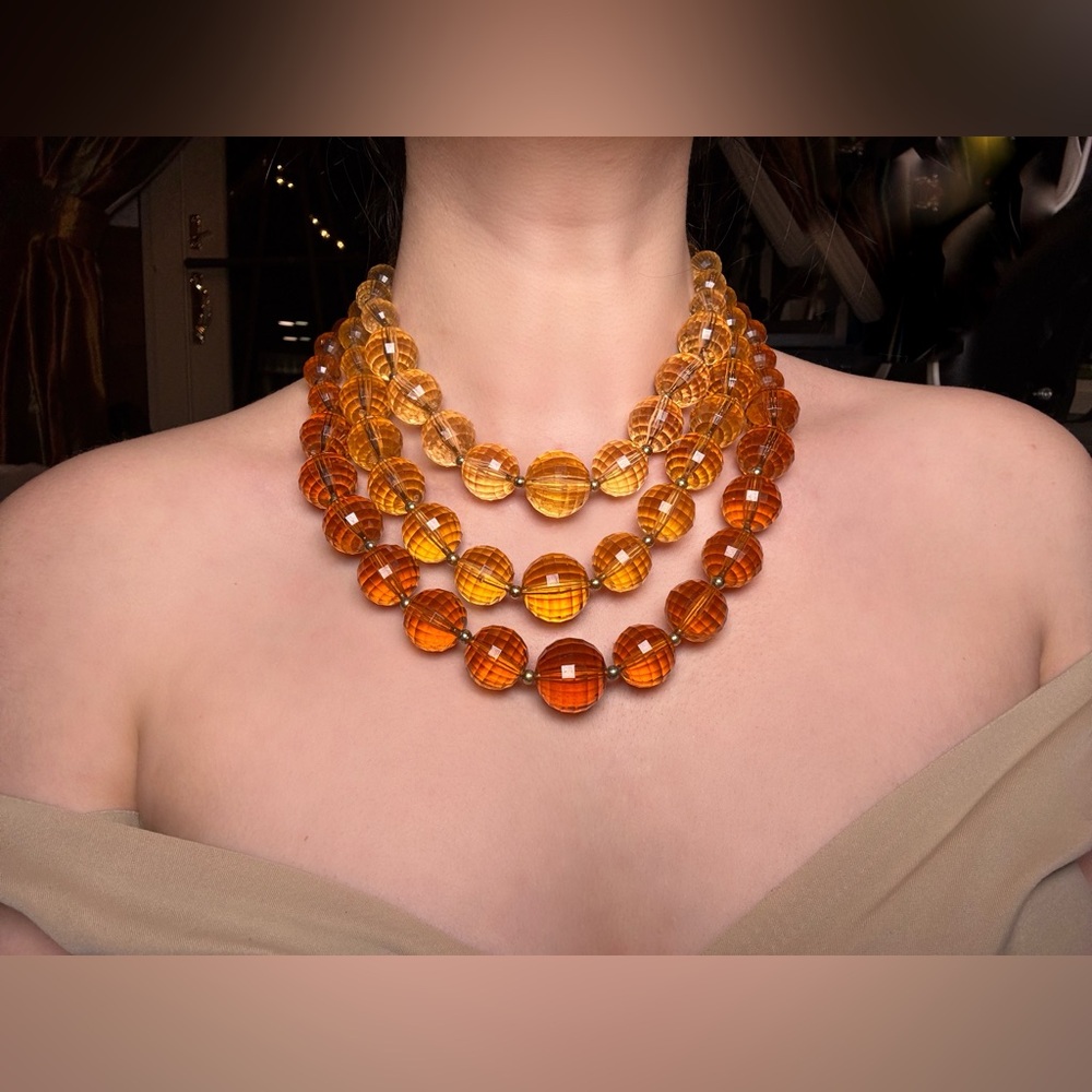 Vintage Coro Sunset Amber Orange Faceted Lucite Beaded Necklace Three Strand